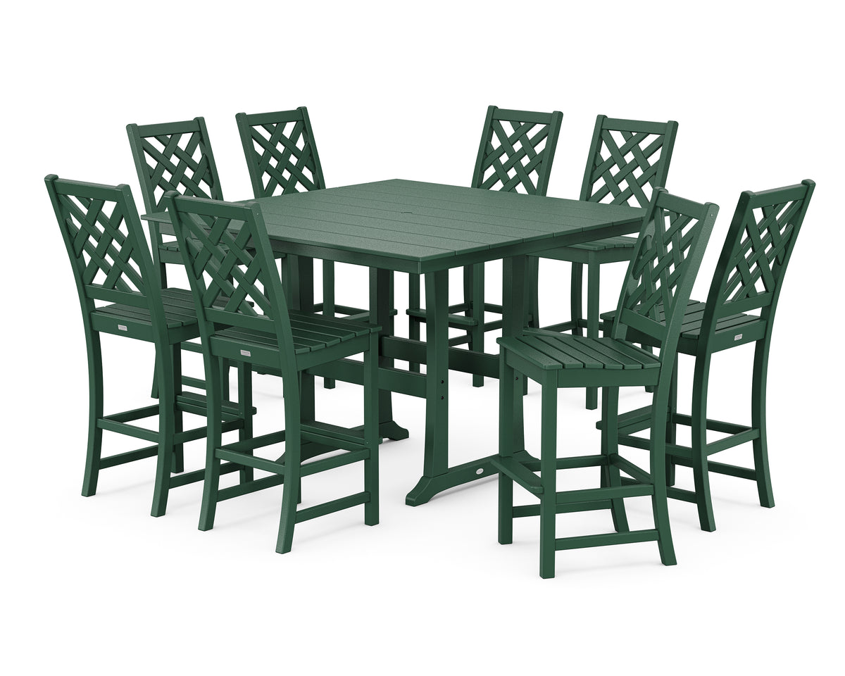 POLYWOOD Country Living Wovendale Side Chair 9-Piece Square Farmhouse Bar Set with Trestle Legs in Green