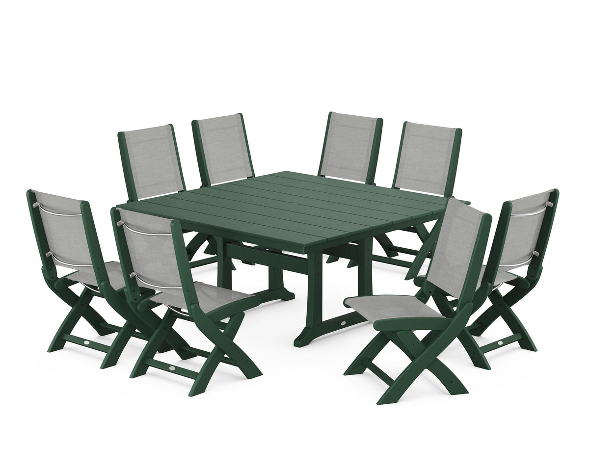 POLYWOOD Coastal Folding Side Chair 9-Piece Farmhouse Dining Set in Green / Metallic
