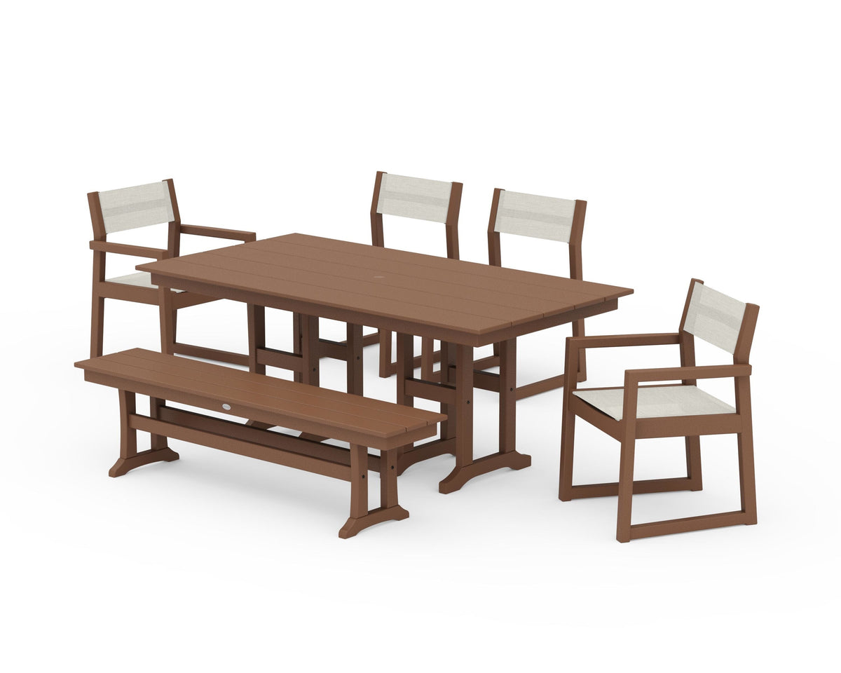 POLYWOOD EDGE Sling 6-Piece Farmhouse Dining Set in Teak / Parchment