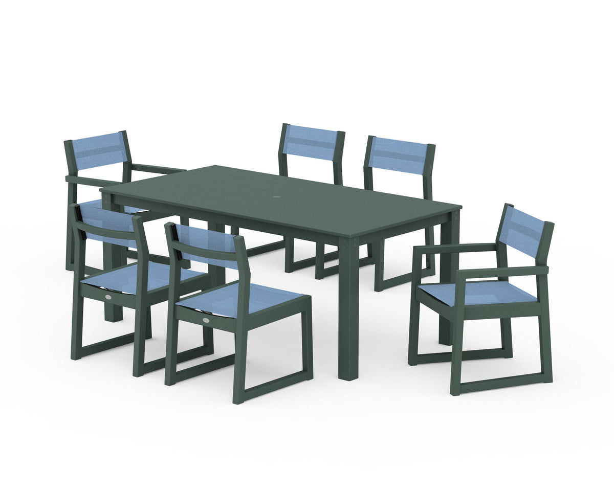 POLYWOOD EDGE Sling 7-Piece Parsons Dining Set in Green / Poolside
