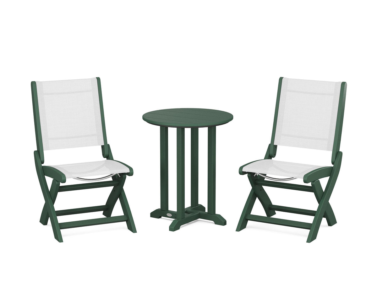 POLYWOOD Coastal Folding Side Chair 3-Piece Round Bistro Dining Set in Green / White