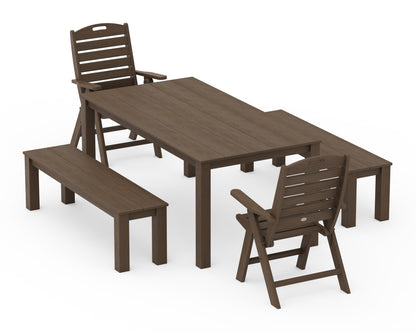 POLYWOOD Nautical Folding Highback Chair 5-Piece Parsons Dining Set with Benches in Kona