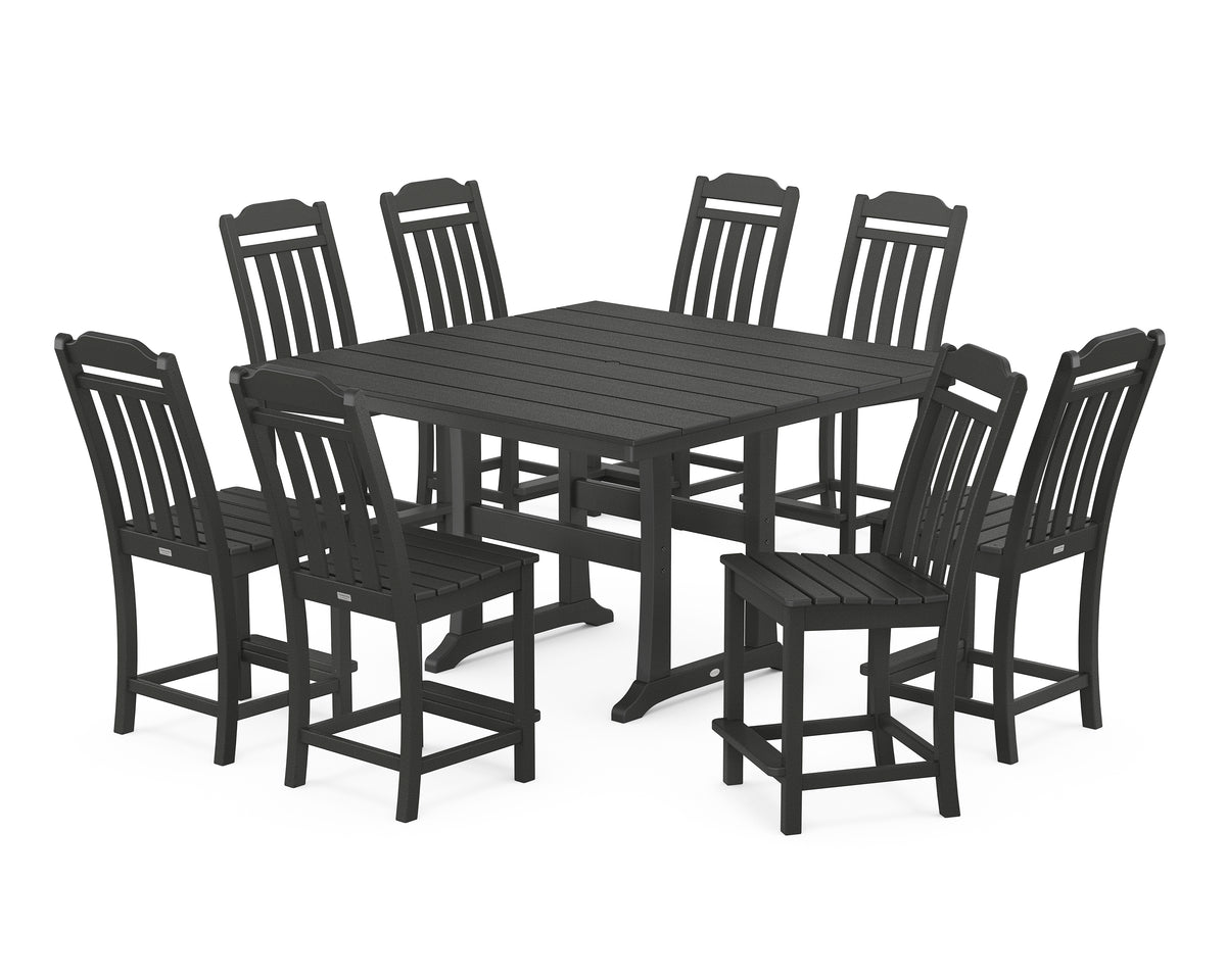 POLYWOOD Country Living Cottage 9-Piece Square Farmhouse Side Chair Counter Set with Trestle Legs in Black