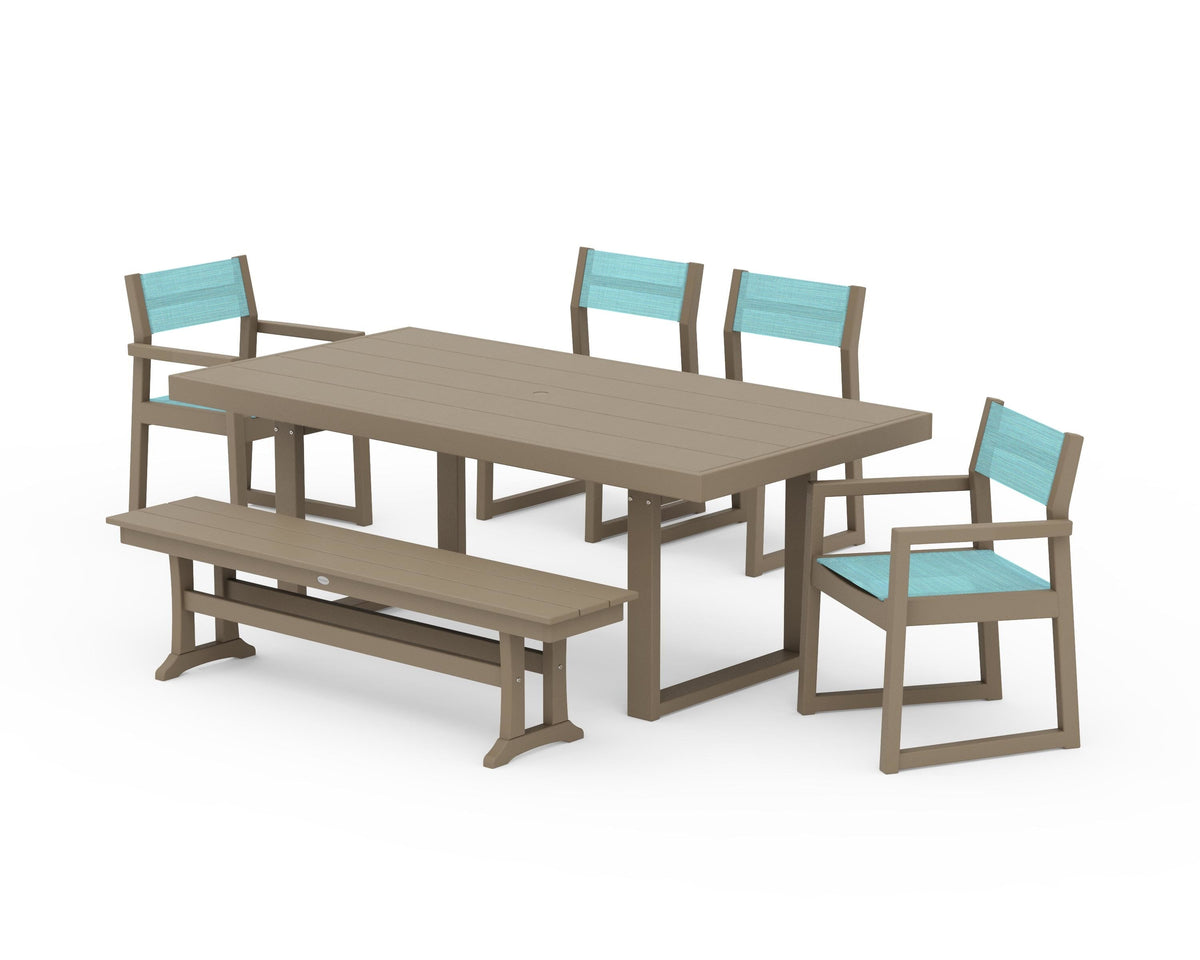 POLYWOOD EDGE Sling 6-Piece Dining Set with Bench in Vintage Sahara / Dupioni Aquamarine