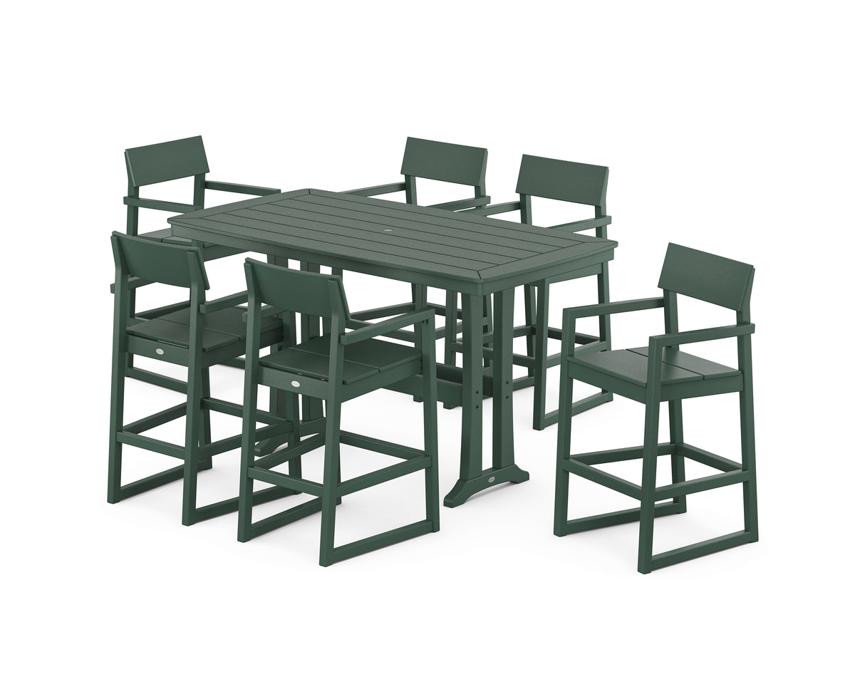 POLYWOOD EDGE Arm Chair 7-Piece Bar Set with Trestle Legs in Green