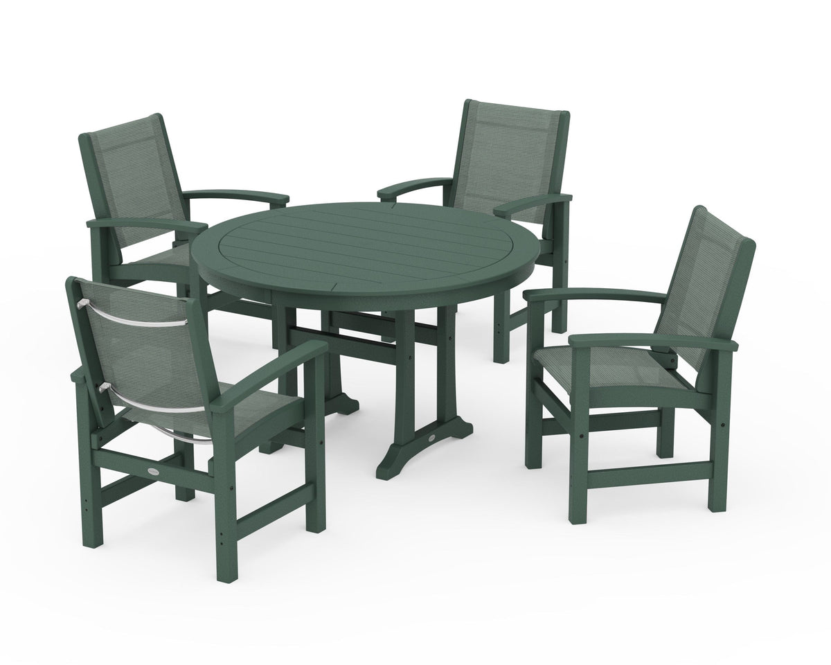 POLYWOOD Coastal 5-Piece Round Dining Set with Trestle Legs in Green / Dupioni Sea Mist