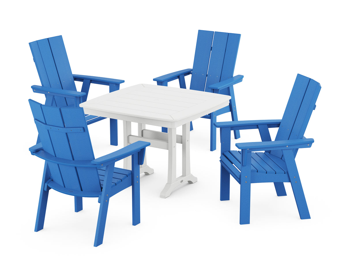 POLYWOOD Modern Adirondack 5-Piece Dining Set with Trestle Legs with Modern Curveback Adirondack Dining Chair in Pacific Blue / White