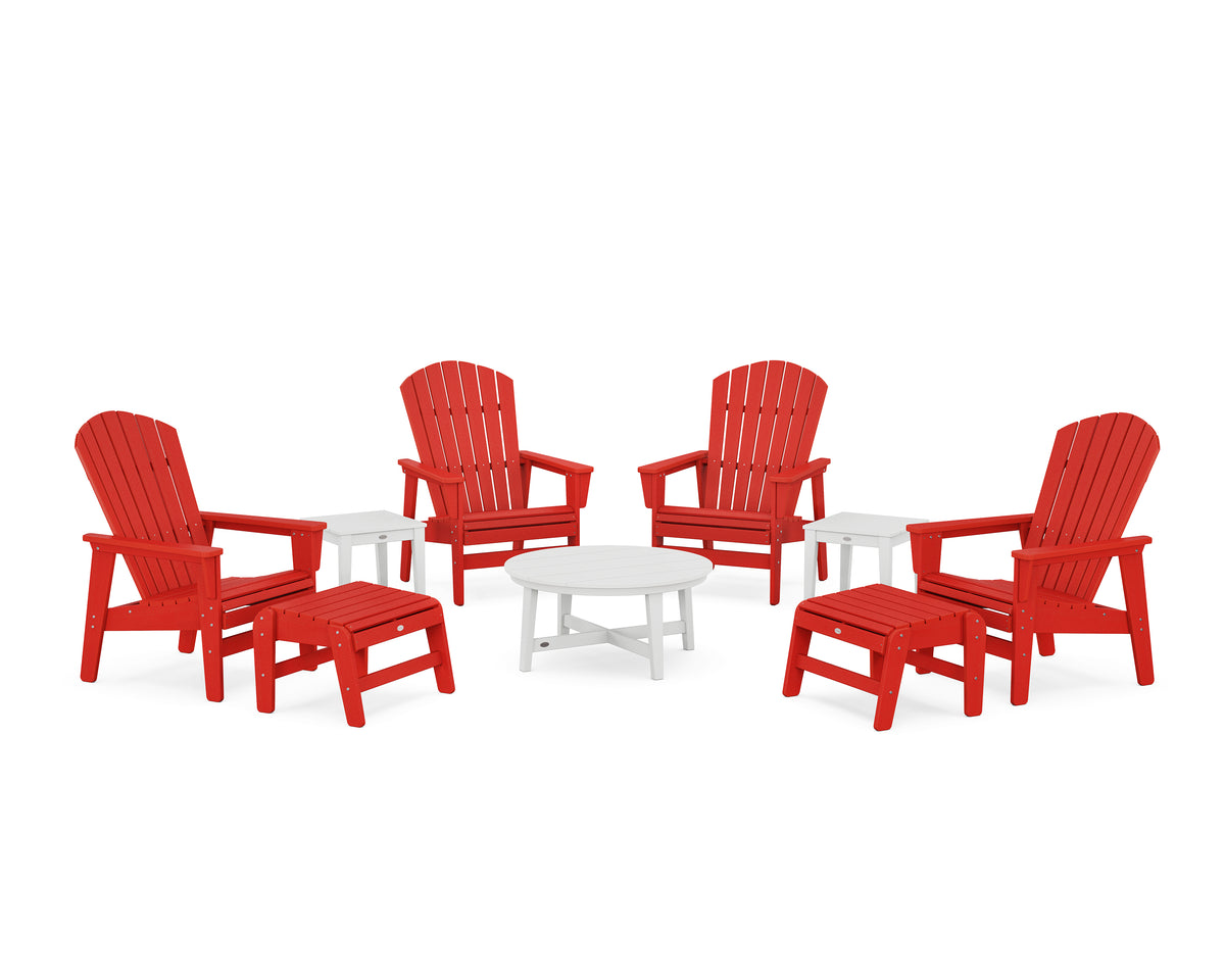 POLYWOOD Nautical Grand Upright Adirondack 9-Piece Conversation Set in Sunset Red / White