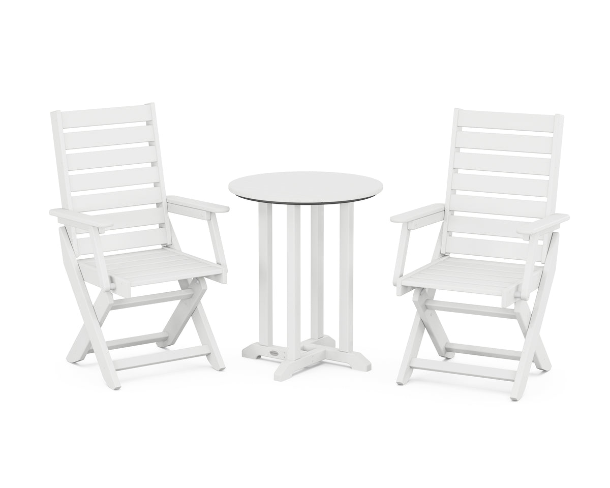 POLYWOOD Captain Folding Chair 3-Piece Round Bistro Dining Set in White