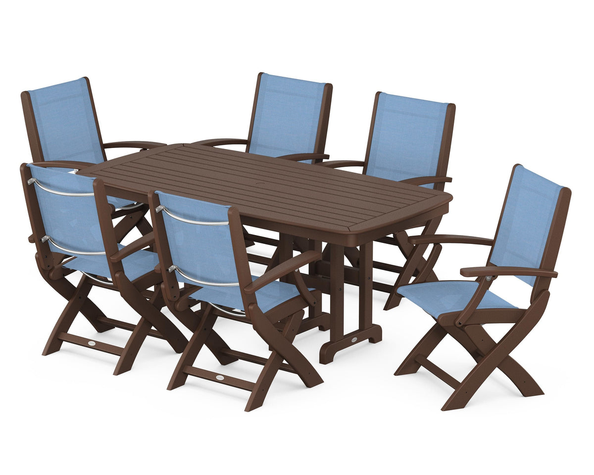 POLYWOOD Coastal Folding Arm Chair 7-Piece Dining Set in Mahogany / Poolside