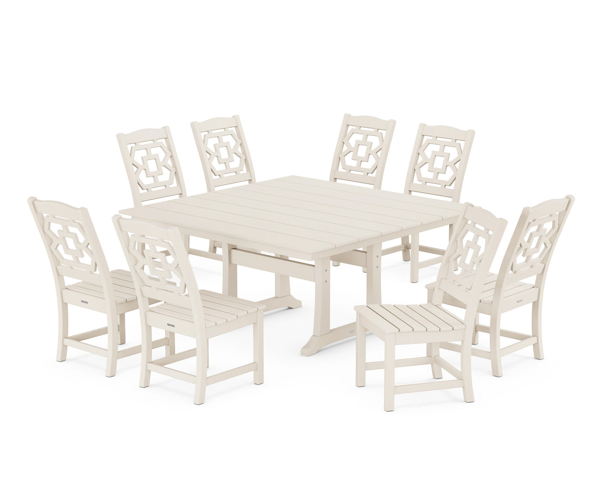 POLYWOOD Chinoiserie 9-Piece Square Farmhouse Side Chair Dining Set with Trestle Legs in Sand