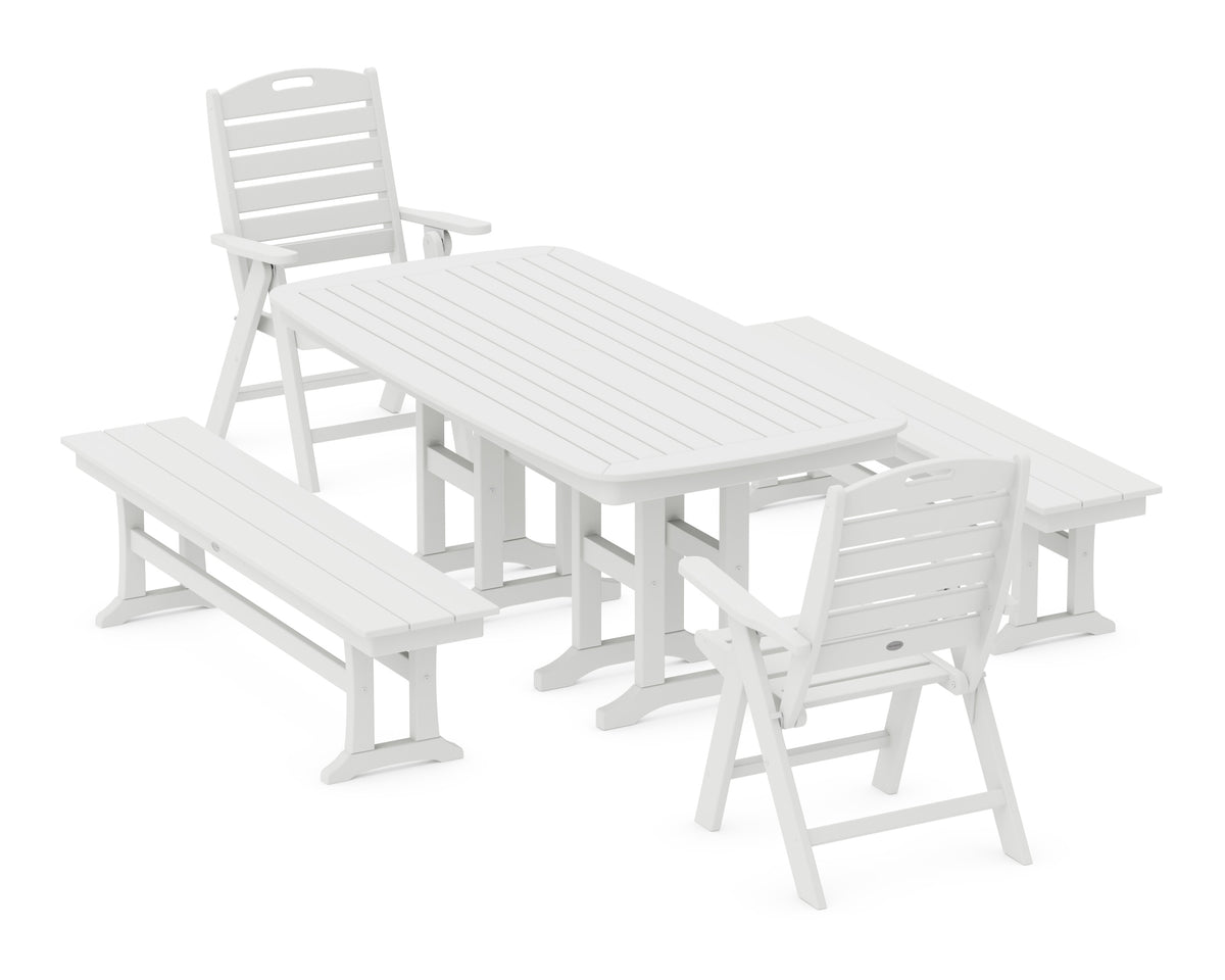 POLYWOOD Nautical Highback 5-Piece Dining Set with Benches in White