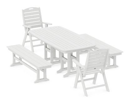 POLYWOOD Nautical Highback 5-Piece Dining Set with Benches in White