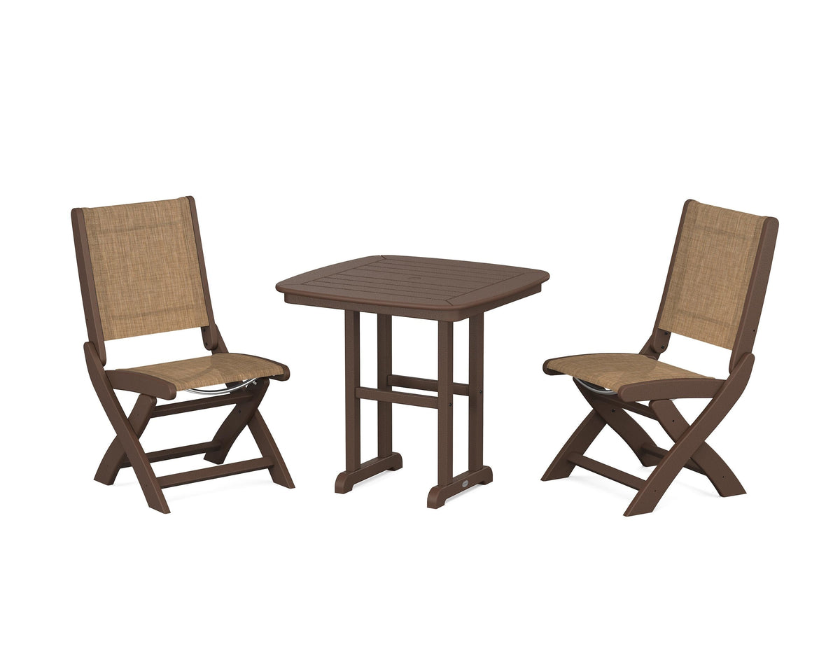 POLYWOOD Coastal Folding Side Chair 3-Piece Dining Set in Mahogany / Burlap