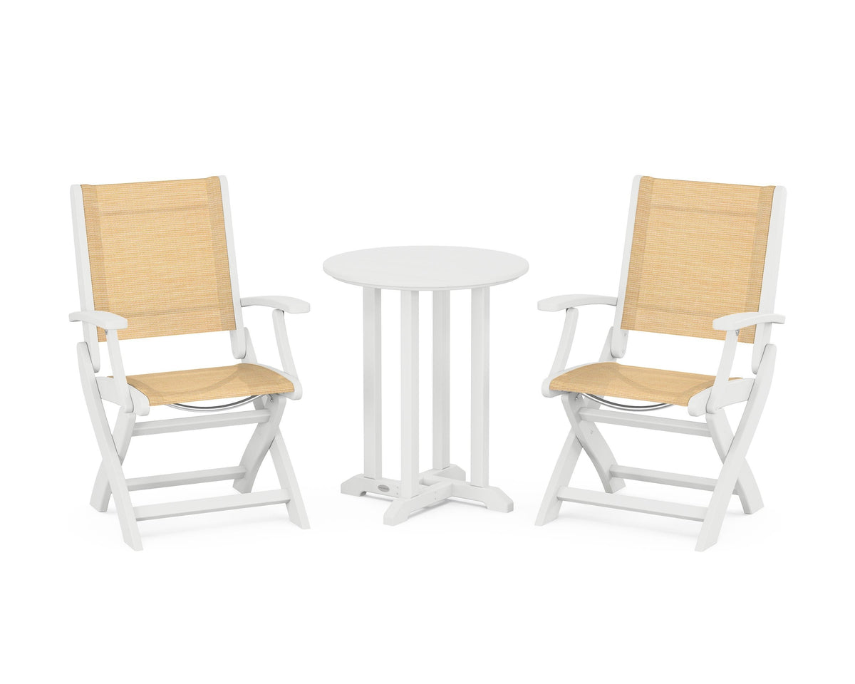 POLYWOOD Coastal Folding 3-Piece Round Bistro Dining Set in White / Dupioni Apricot