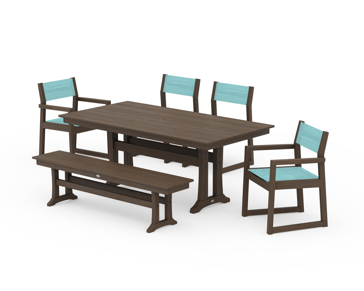 POLYWOOD EDGE Sling 6-Piece Farmhouse Dining Set With Trestle Legs in Kona / Dupioni Aquamarine