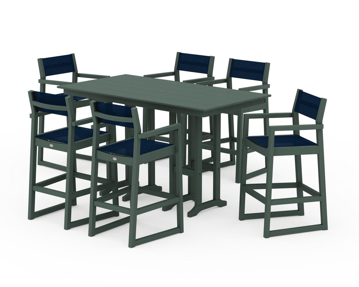 POLYWOOD EDGE Sling Arm Chair 7-Piece Farmhouse Bar Set in Green / Navy Blue