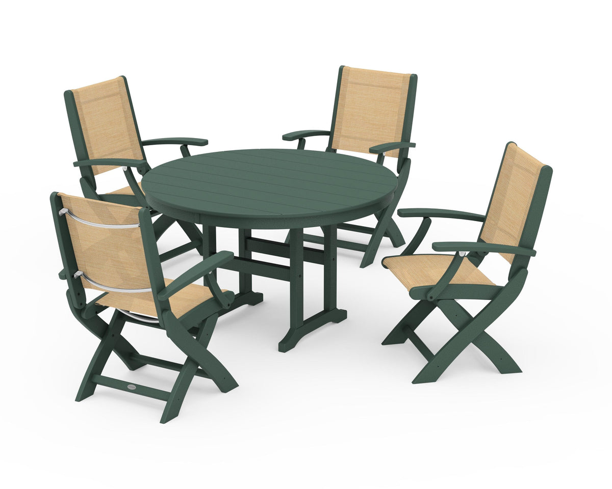 POLYWOOD Coastal Folding Chair 5-Piece Round Dining Set in Green / Dupioni Apricot