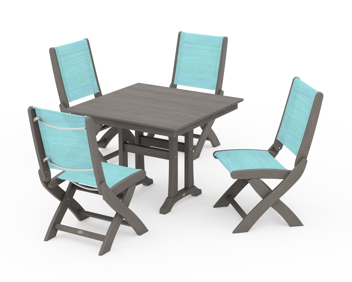 POLYWOOD Coastal Folding Side Chair 5-Piece Farmhouse Dining Set With Trestle Legs in Driftwood / Dupioni Aquamarine