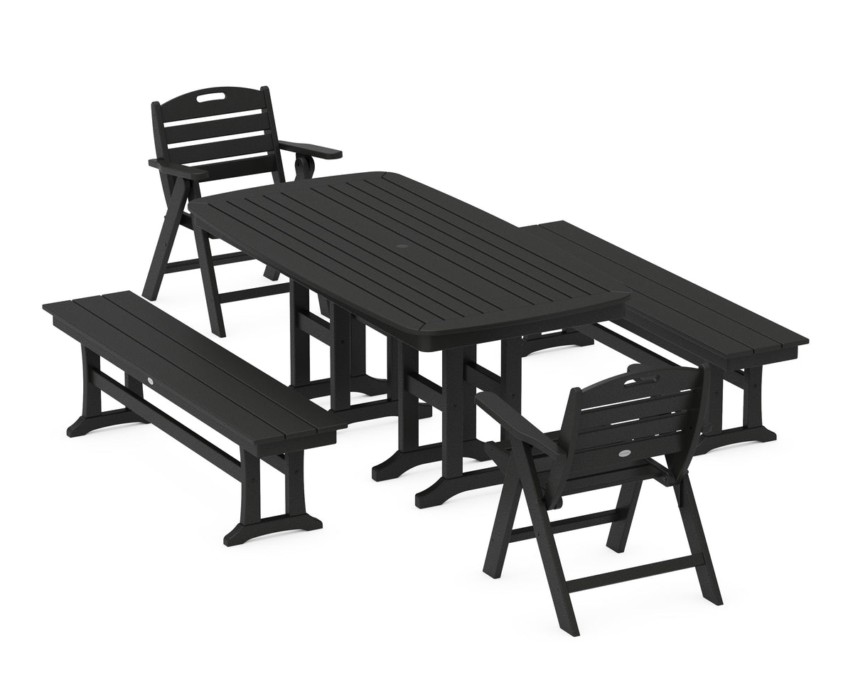 POLYWOOD Nautical Lowback 5-Piece Dining Set with Benches in Black