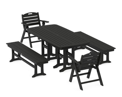POLYWOOD Nautical Lowback 5-Piece Dining Set with Benches in Black