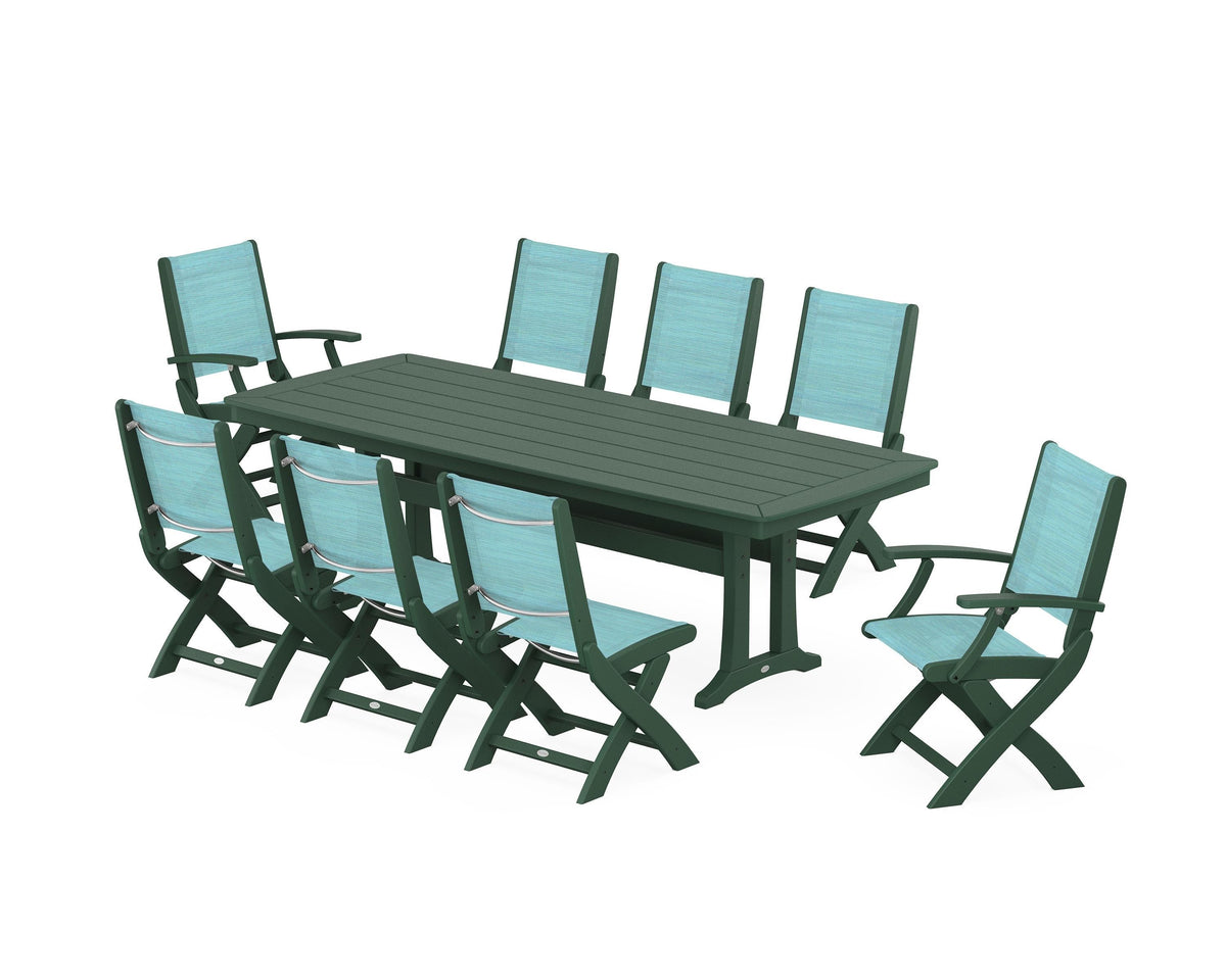 POLYWOOD Coastal Folding 9-Piece Dining Set with Trestle Legs in Green / Dupioni Aquamarine