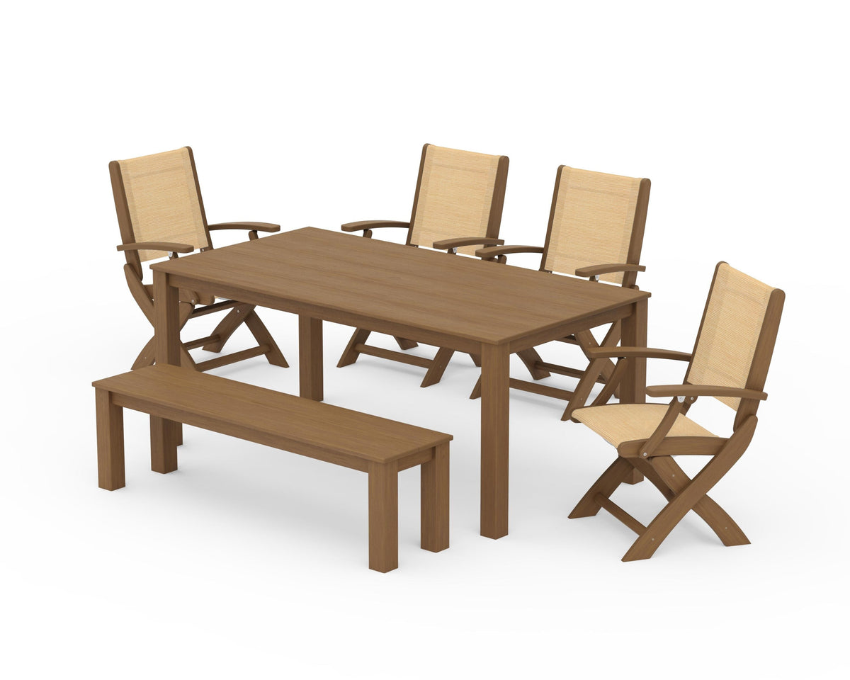POLYWOOD Coastal Folding Chair 6-Piece Parsons Dining Set with Bench in Natural / Dupioni Apricot
