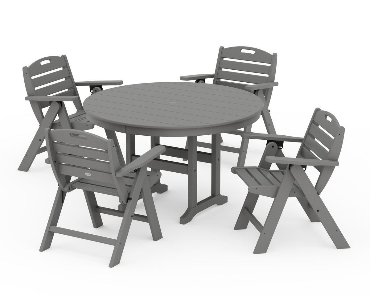 POLYWOOD Nautical Folding Lowback Chair 5-Piece Round Farmhouse Dining Set in Slate Grey