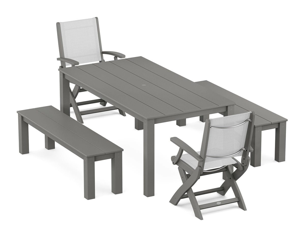 POLYWOOD Coastal Folding Chair 5-Piece Parsons Dining Set with Benches in Slate Grey / White