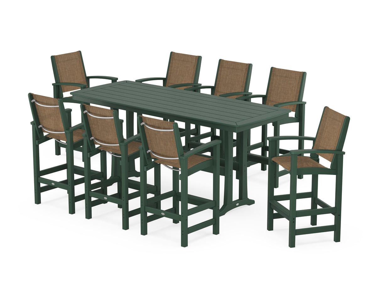 POLYWOOD Coastal 9-Piece Bar Set with Trestle Legs in Green / Burlap