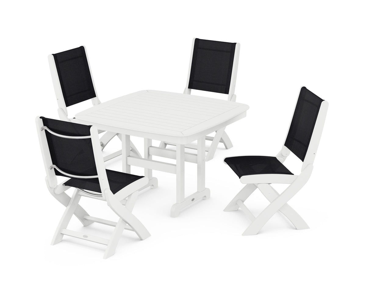 POLYWOOD Coastal Folding Side Chair 5-Piece Dining Set with Nautical 44" Dining Table in White / Black