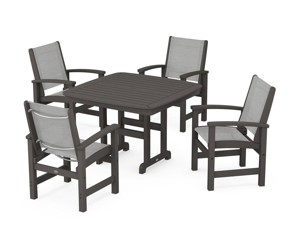 POLYWOOD Coastal 5-Piece Dining Set with Nautical 44" Dining Table in Vintage Coffee / Metallic