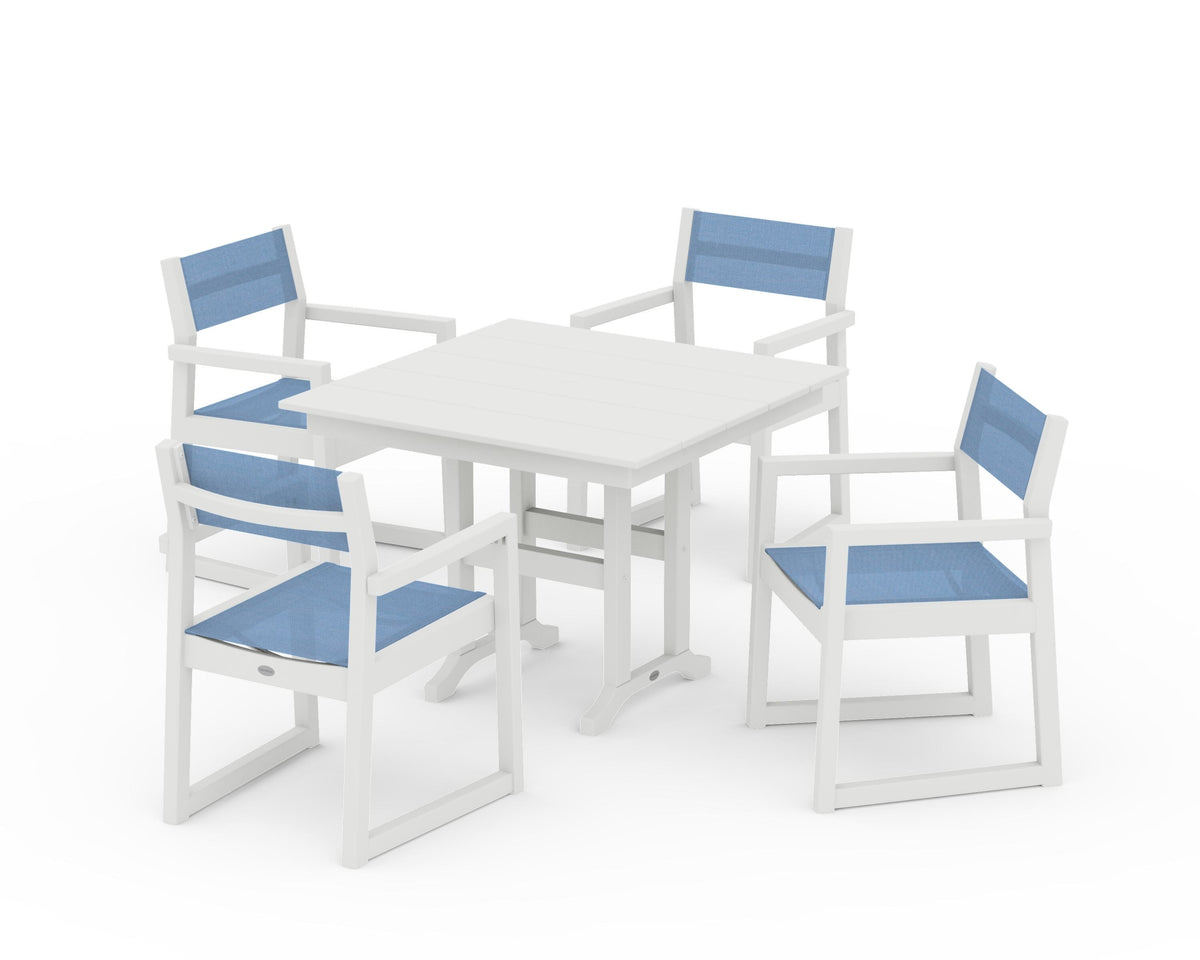 POLYWOOD EDGE Sling Arm Chair 5-Piece Farmhouse Dining Set in Vintage White / Poolside