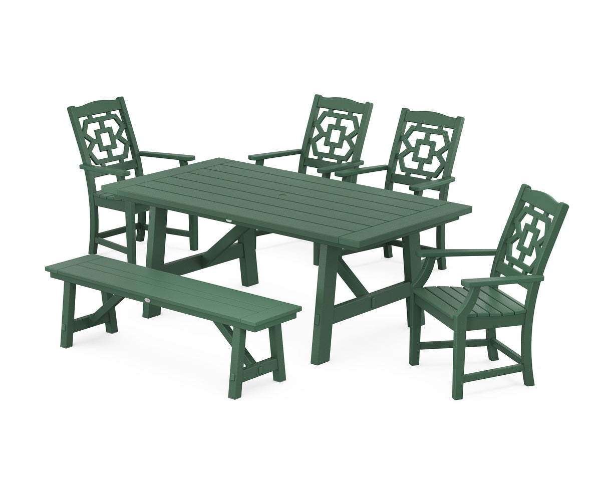 POLYWOOD Chinoiserie 6-Piece Rustic Farmhouse Dining Set with Bench in Green