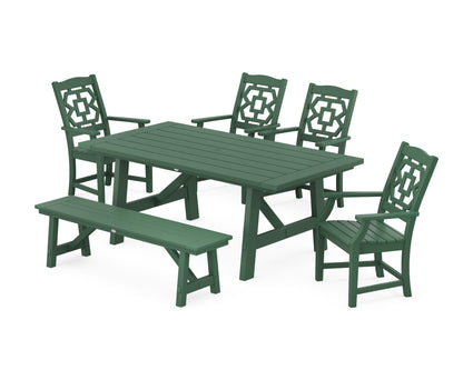 POLYWOOD Chinoiserie 6-Piece Rustic Farmhouse Dining Set with Bench in Green