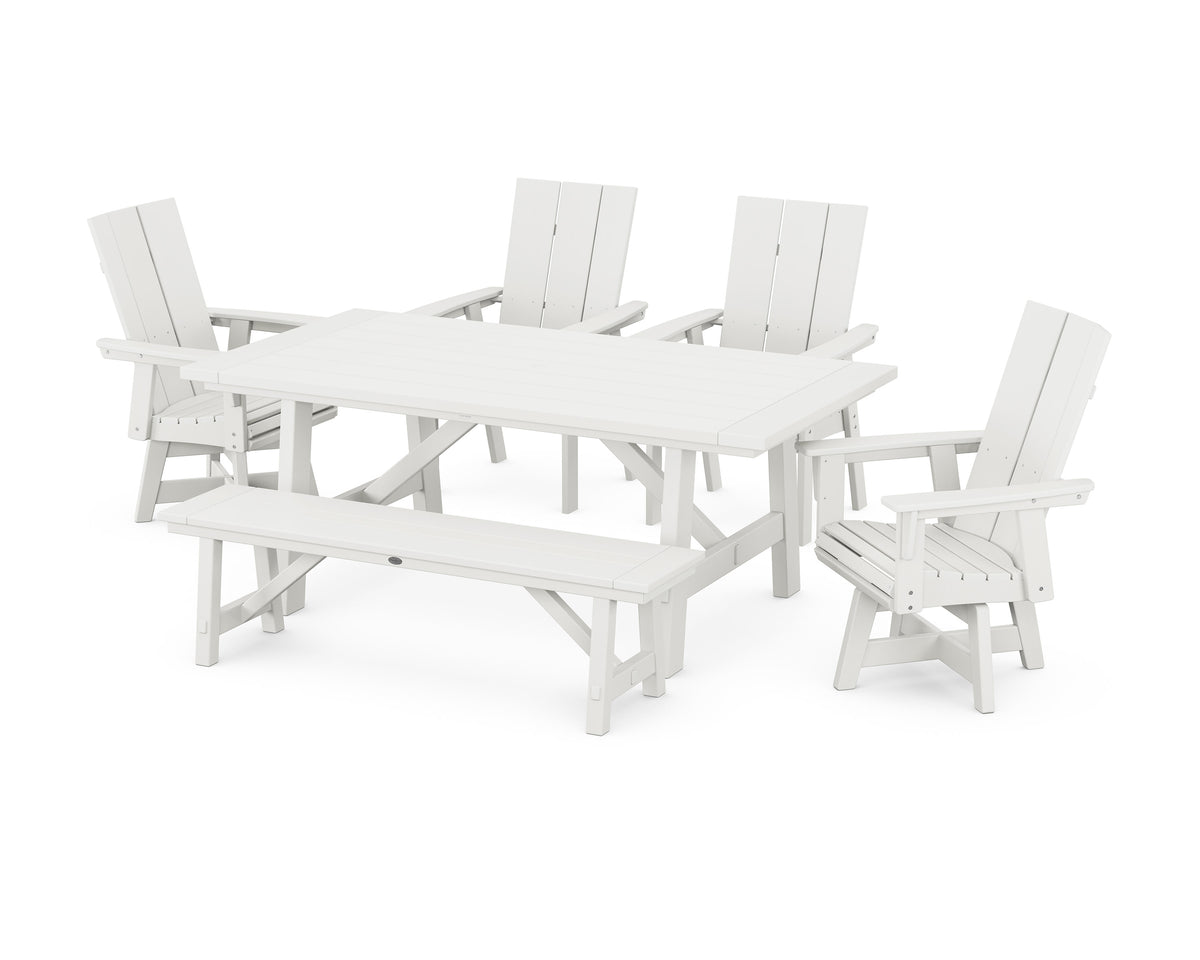 POLYWOOD Modern Curveback Adirondack Swivel Chair 6-Piece Rustic Farmhouse Dining Set with Bench in Vintage White