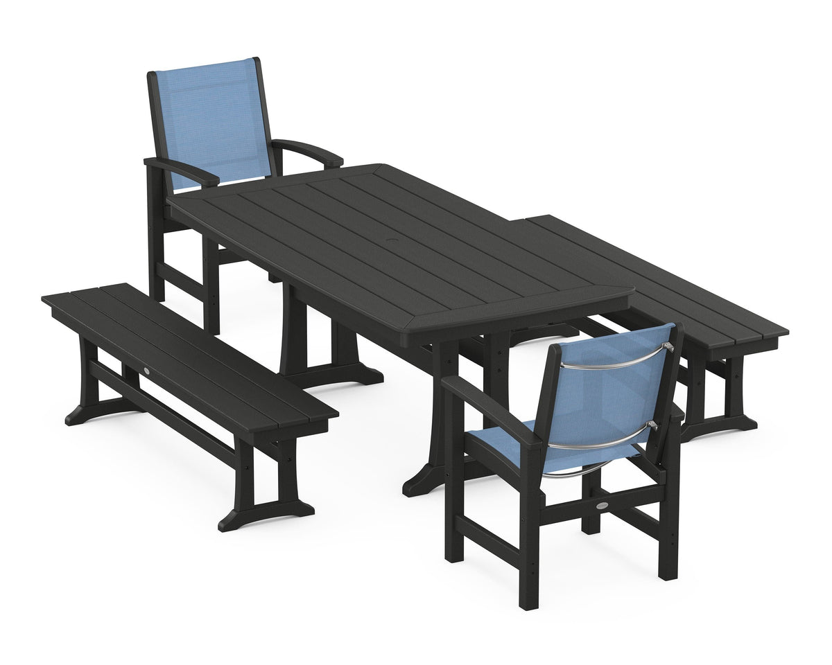 POLYWOOD Coastal 5-Piece Dining Set with Trestle Legs and Benches in Black / Poolside