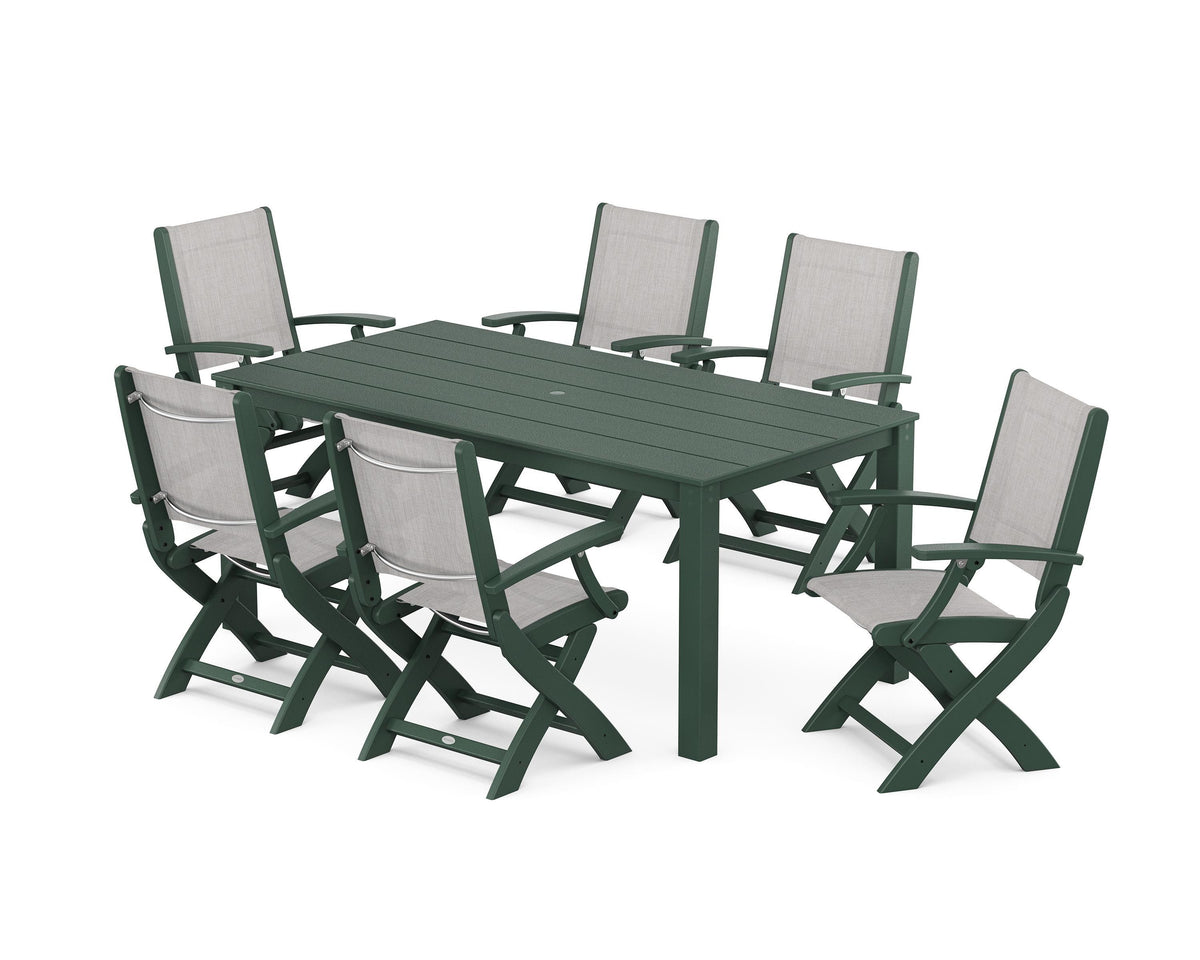 POLYWOOD Coastal Folding Chair 7-Piece Parsons Dining Set in Green / Parchment