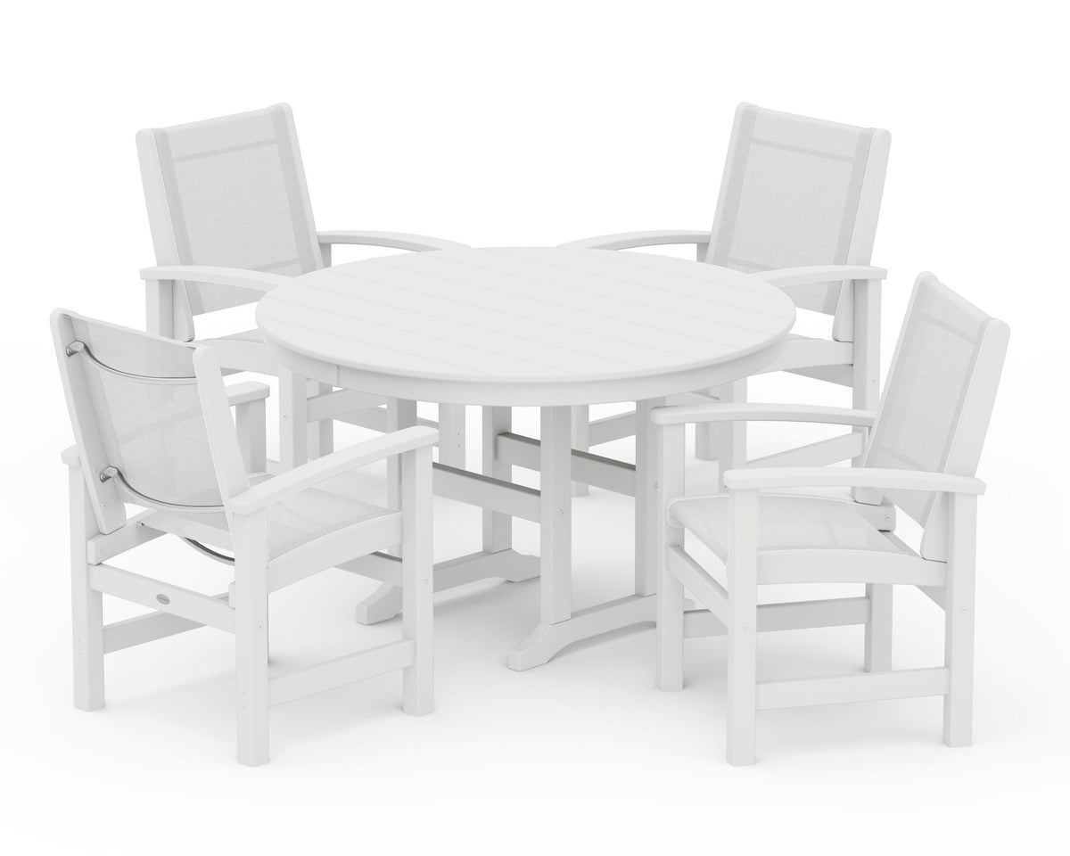 POLYWOOD Coastal 5-Piece Round Farmhouse Dining Set in White / White