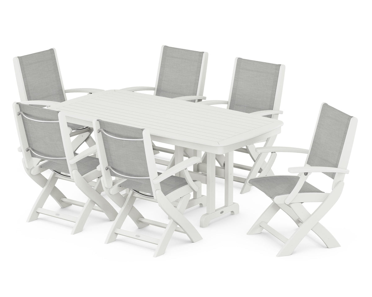 POLYWOOD Coastal Folding Arm Chair 7-Piece Dining Set in Vintage White / Metallic