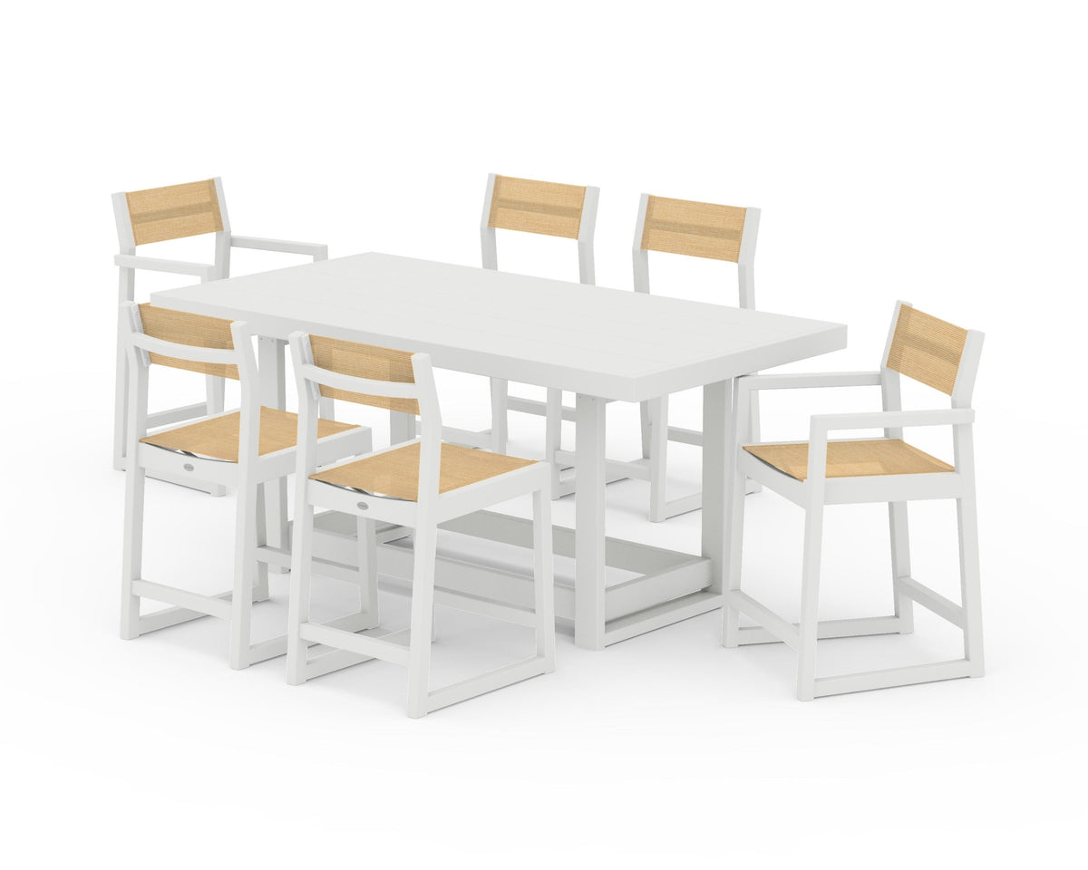 POLYWOOD EDGE Sling 7-Piece Counter Table Set in Vintage White / Dupioni Apricot