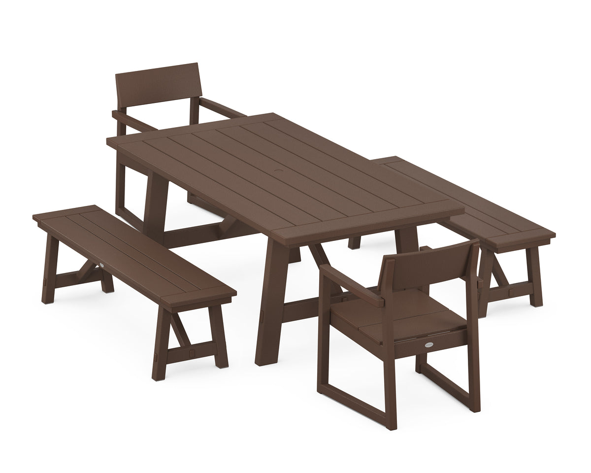 POLYWOOD EDGE 5-Piece Rustic Farmhouse Dining Set with Benches in Mahogany