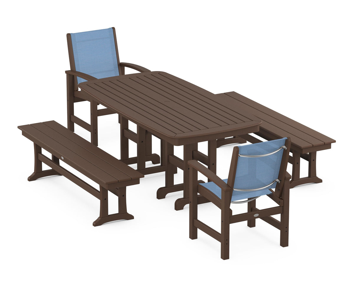POLYWOOD Coastal 5-Piece Dining Set with Nautical 37" x 72" Dining Table in Mahogany / Poolside