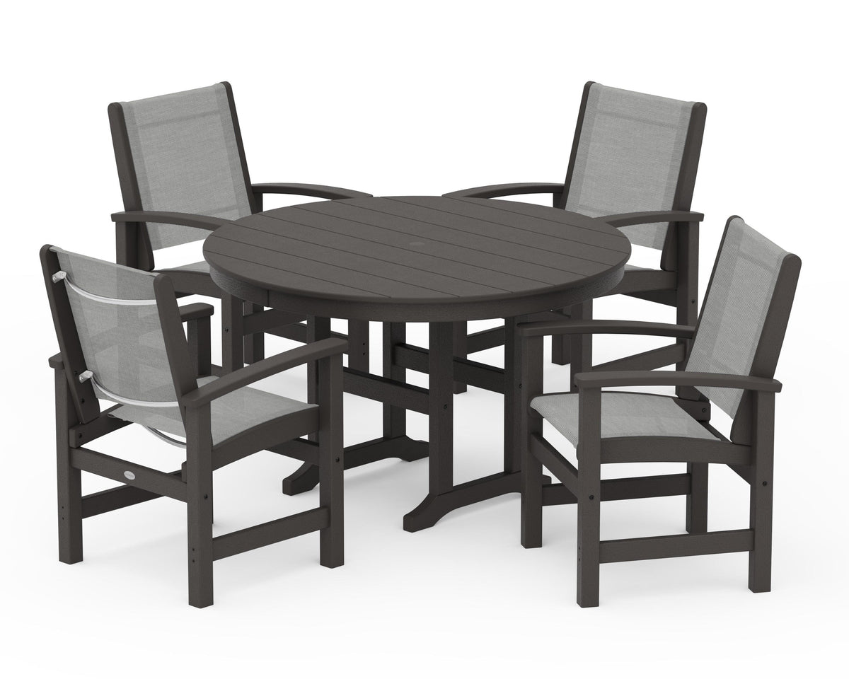 POLYWOOD Coastal 5-Piece Round Farmhouse Dining Set in Vintage Coffee / Metallic