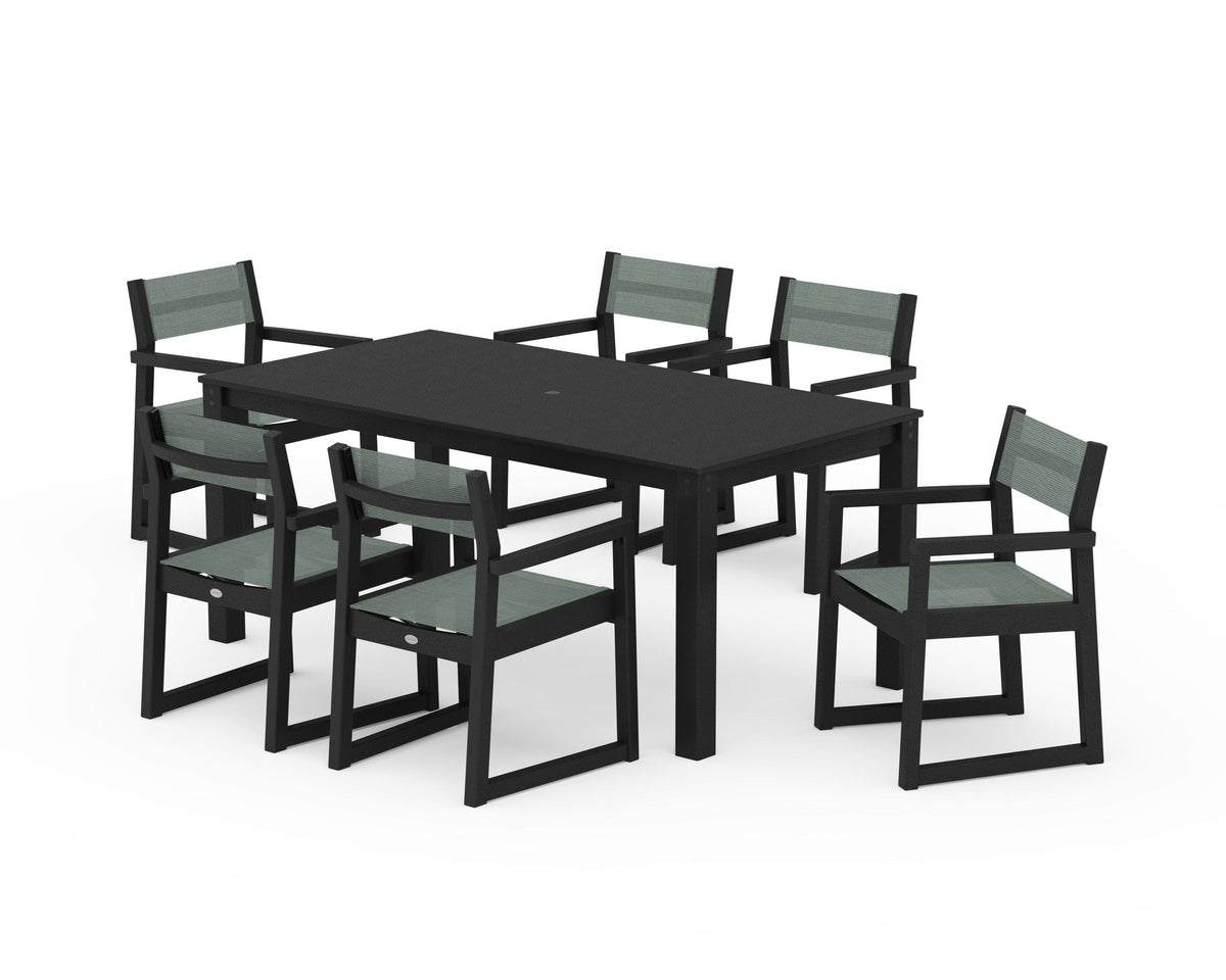 POLYWOOD EDGE Sling Arm Chair 7-Piece Parsons Dining Set in Black / Dupioni Sea Mist