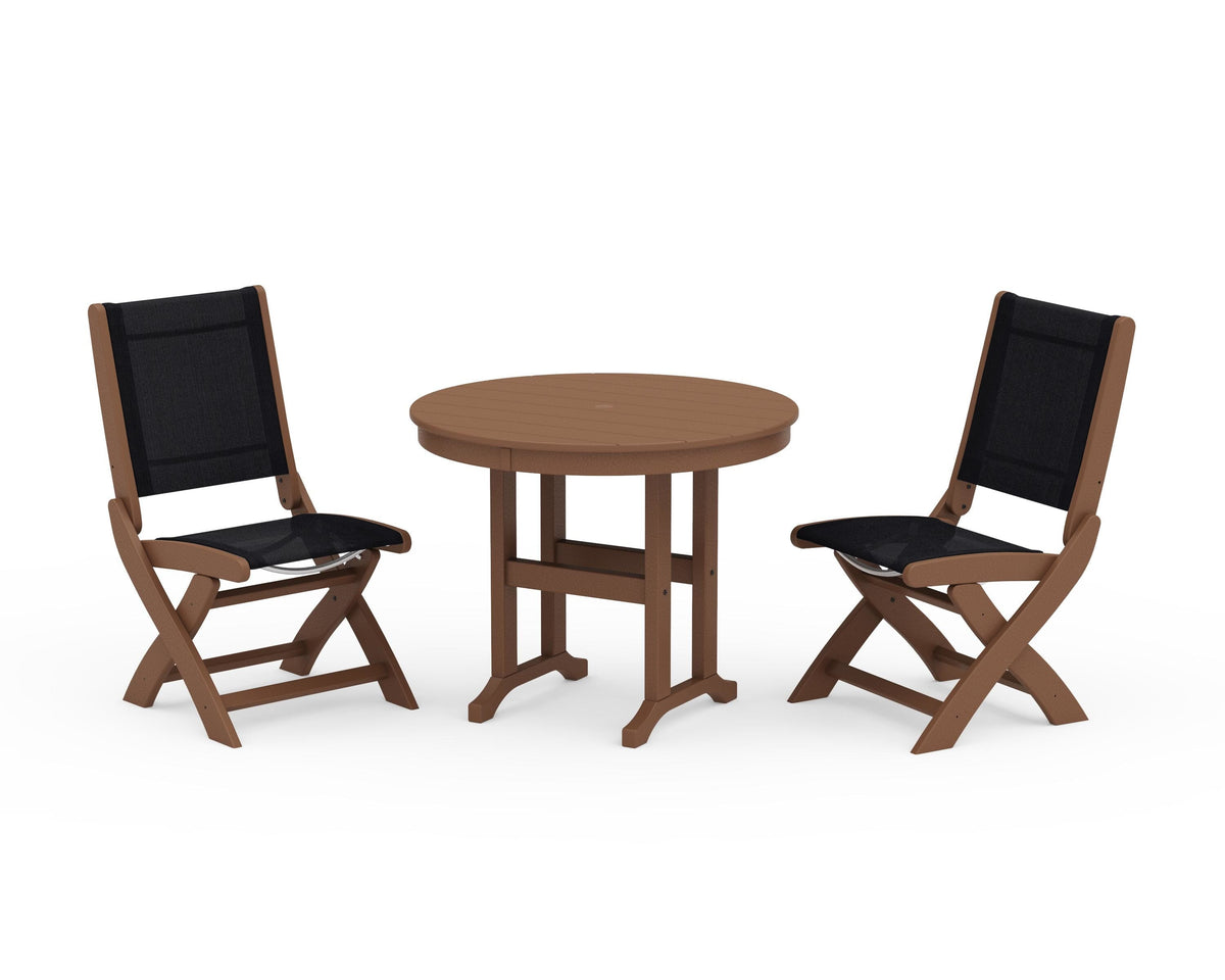 POLYWOOD Coastal Folding Side Chair 3-Piece Round Dining Set in Teak / Black