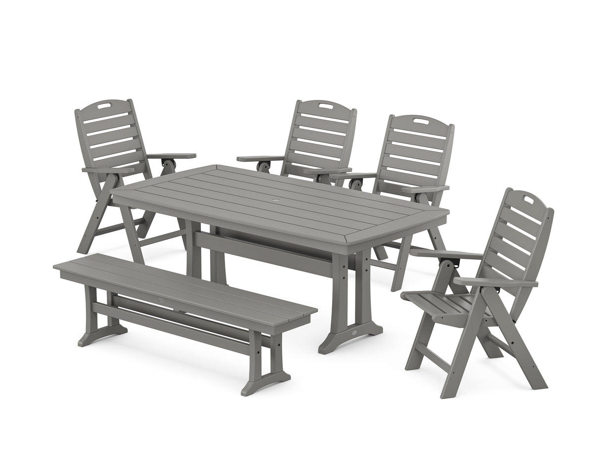 POLYWOOD Nautical Highback 6-Piece Dining Set with Trestle Legs and Bench in Slate Grey