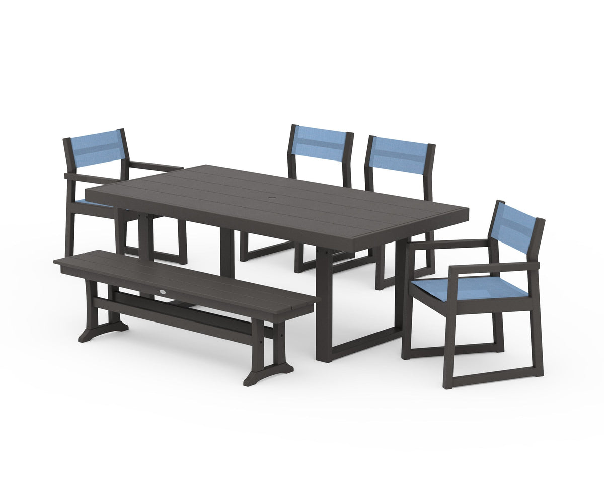 POLYWOOD EDGE Sling 6-Piece Dining Set with Bench in Vintage Coffee / Poolside