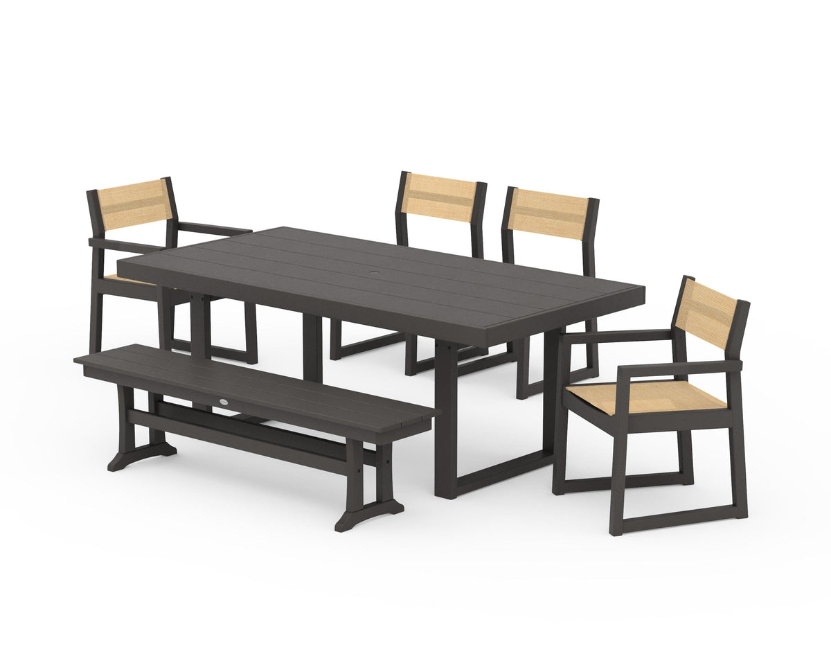 POLYWOOD EDGE Sling 6-Piece Dining Set with Bench in Vintage Coffee / Dupioni Apricot