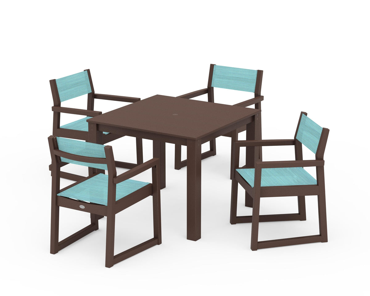 POLYWOOD EDGE Sling Arm Chair 5-Piece Parsons Dining Set in Mahogany / Dupioni Aquamarine